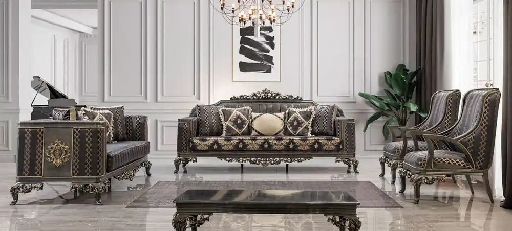 Direkt Vom Hersteller Casa Padrino conjunto de sala de estar barroco de lujo púrpura / gris / oro - 2 Sofás Barrocos y 2 Sillones Barrocos y 1 Mesa de Centro Barroco - Muebles de salón barroco - Noble y Magnífico