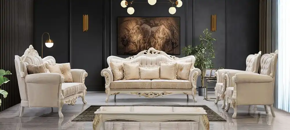 Casa Padrino conjunto de sala de estar barroco de lujo blanco / oro - 2 Sofás Barrocos y 2 Sillones Barrocos y 1 Mesa de Centro Barroco - Muebles de salón barroco - Noble y Magnífico Neue Ware