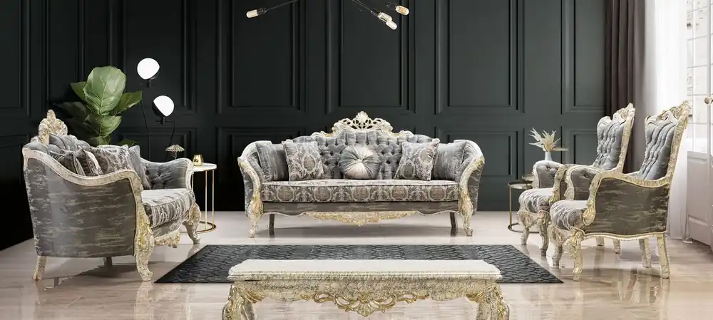 Abverkauf Casa Padrino conjunto de sala de estar barroco de lujo gris / blanco antiguo / oro - 2 Sofás Barrocos y 2 Sillones Barrocos y 1 Mesa de Centro Barroco - Muebles de salón barroco - Noble y Magnífico