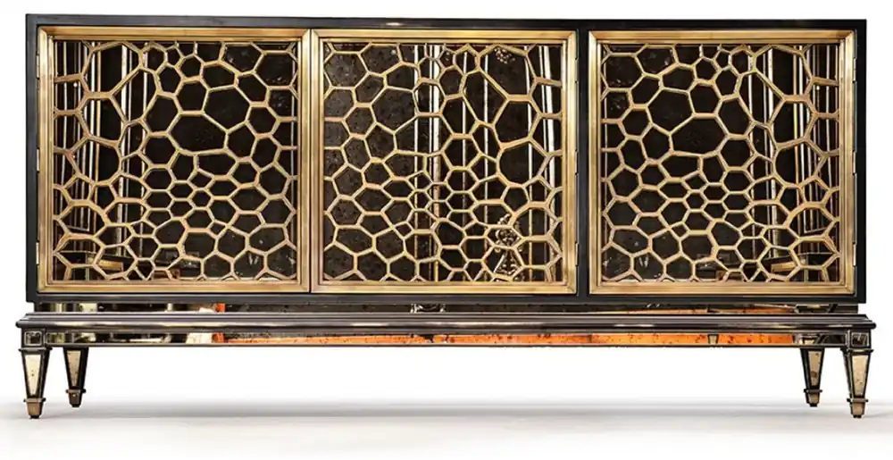 Casa Padrino aparador Art Deco de lujo negro / oro / latón 204 x 52,5 x A. 96 cm - Armario de madera maciza con espejo con 3 puertas - Muebles art deco - Muebles de lujo Neu