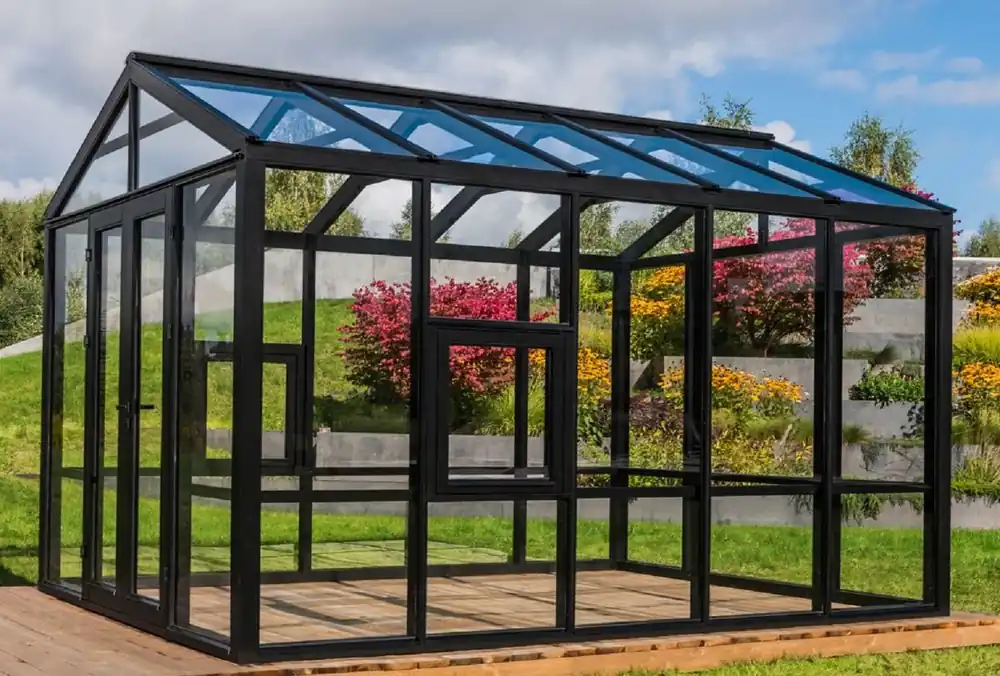 Casa Padrino Casa de Jardín de Lujo Negro 400 x 300 x A. 276,2 cm - Casa de Jardín de Madera Maciza con Ventanas y Puertas de Vidrio - Invernadero - Casas de Jardín de Lujo - Invernaderos de Lujo Must-Have