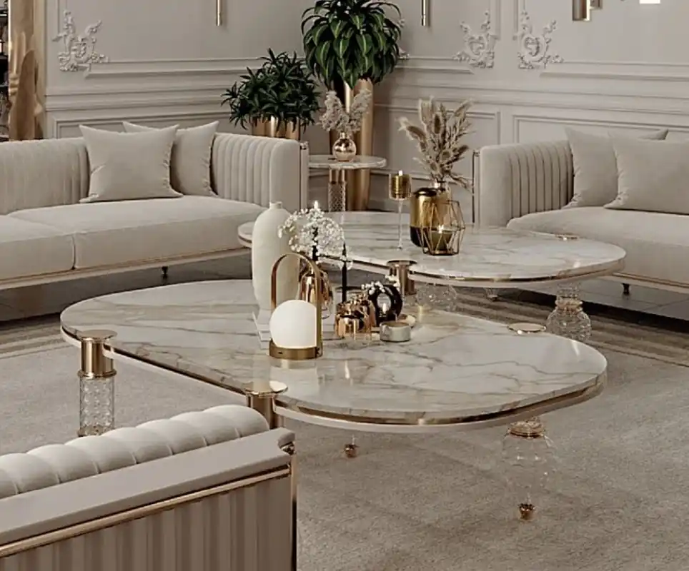 Casa Padrino mesa de centro Art Deco de lujo blanco / gris / oro 120 x 70 x A. 49 cm - Mesa de salón con tablero de mármol artificial fino - Muebles de salón Art Deco - Muebles de salón de lujo Sale