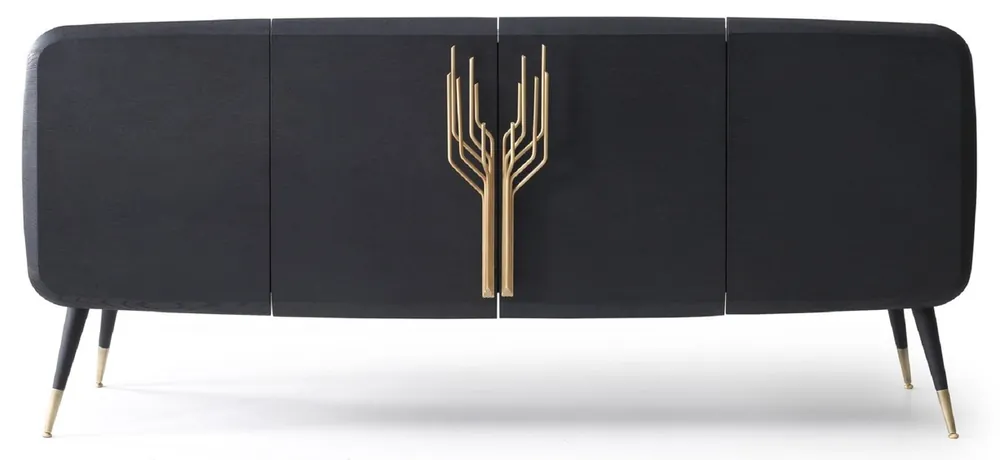Schneller Versand Casa Padrino aparador de lujo negro / latón antiguo 220 x 55 x A. 98 cm - Armario de madera maciza con 4 puertas - Muebles de comedor - Muebles de salón - Muebles para hoteles - Muebles de lujo