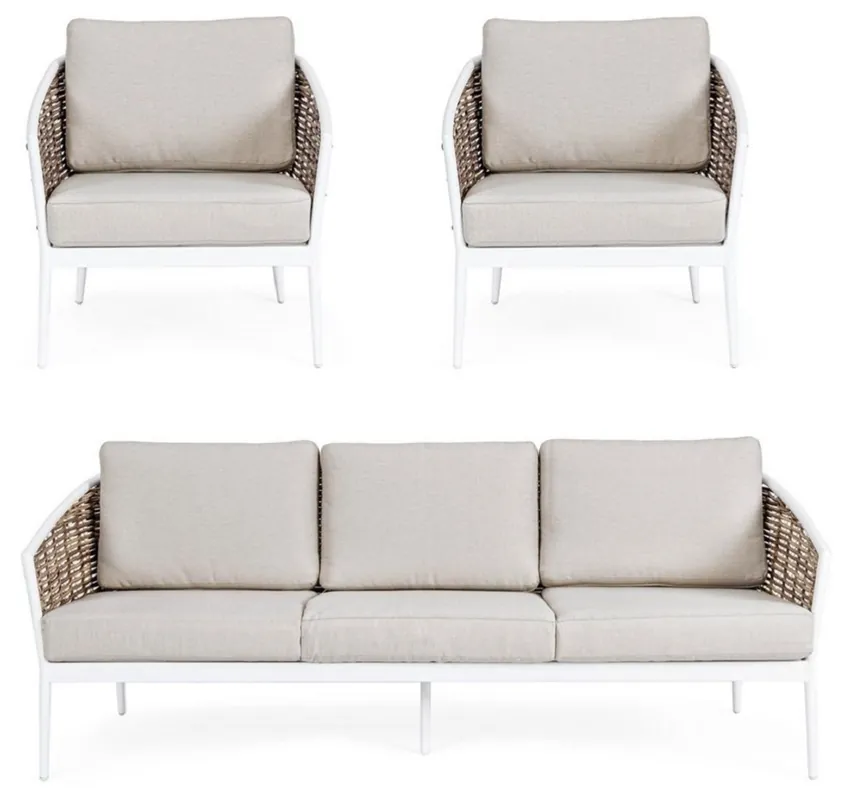 Casa Padrino conjunto de muebles de jardín de lujo gris / blanco / marrón - 1 Sofá de Jardín y 2 Sillones de Jardín - Muebles de jardín - Muebles de piscina - Muebles de exterior - Muebles de lujo Versand Am Gleichen Tag