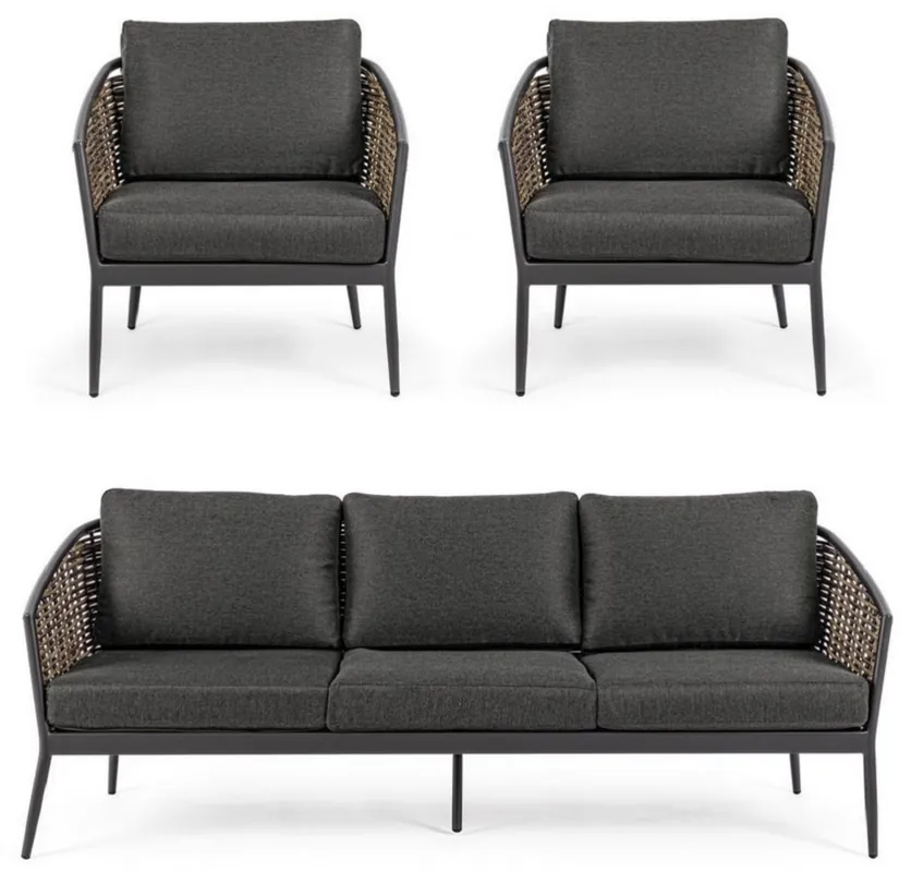 Echt Casa Padrino conjunto de muebles de jardín de lujo antracita / marrón - 1 Sofá de Jardín y 2 Sillones de Jardín - Muebles de jardín - Muebles de piscina - Muebles de exterior - Muebles de lujo
