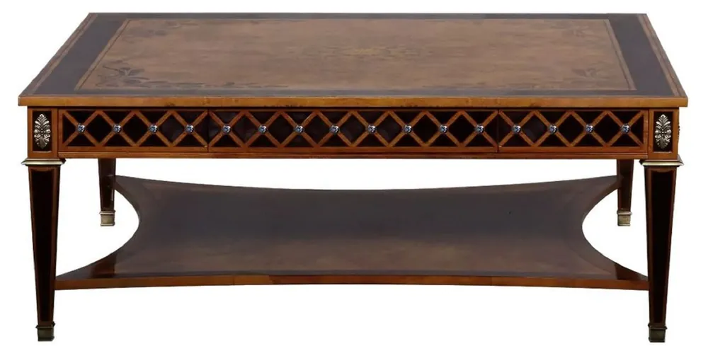 Casa Padrino mesa de centro Art Deco de lujo natural / marquetería marrón / plata / latón antiguo 130 x 130 x A. 50 cm - Mesa de salón cuadrada - Muebles de salón Art Deco de lujo Nur Für Kurze Zeit