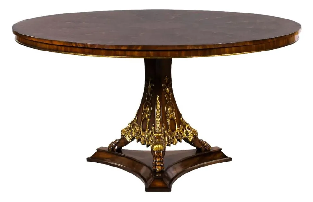 Preisreduziert Casa Padrino mesa de comedor barroco de lujo marrón oscuro marquetería / oro Ø 135 cm - Mesa de cocina redonda de madera maciza de estilo barroco - Muebles de comedor de lujo en estilo barroco