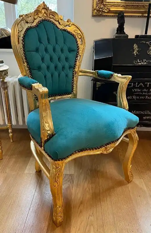 Aktuell Casa Padrino silla de comedor barroco con reposabrazos turquesa / oro - Silla de estilo antiguo hecha a mano con tela de terciopelo fino - Muebles de comedor de estilo barroco - Muebles barrocos
