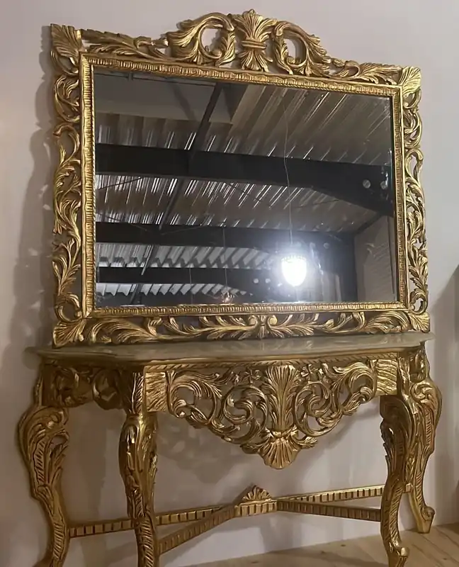 Echt Casa Padrino consola barroco con tapa de mármol y espejo oro / crema gris - Magnífica consola de espejo estilo barroco - Muebles de armario estilo barroco - Muebles barrocos