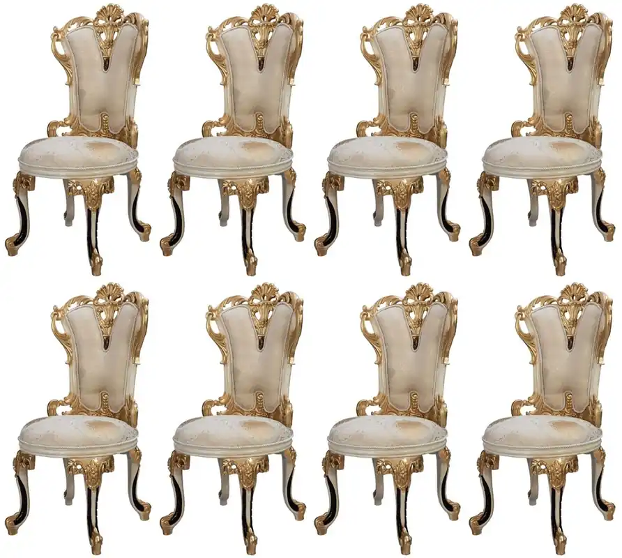 Casa Padrino conjunto de 8 sillas de comedor barrocos de lujo blanco / crema / beige / negro / oro - Sillas de cocina de estilo barroco con patrón - Muebles de comedor barrocos - Muebles barroco Versand Am Gleichen Tag