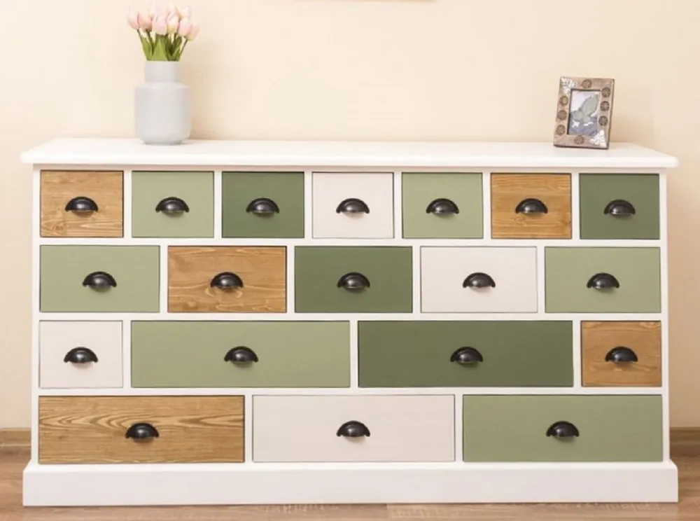 Sofort Bestellen Casa Padrino cómoda de estilo campestre blanco / verde / natural 180 x 48 x A. 95 cm - Armario de madera maciza con 19 cajones - Muebles de estilo campestre - Estilo campestre muebles