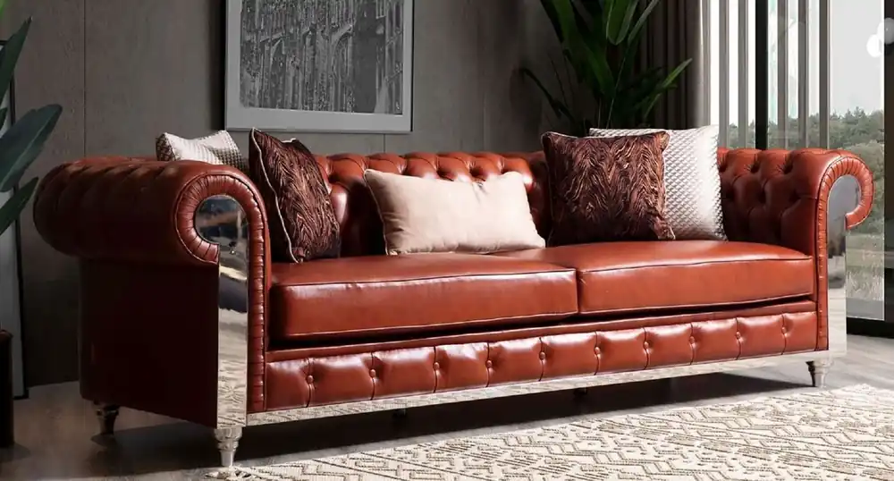 Casa Padrino sofá Chesterfield de lujo en cuero artificial marrón / plata 270 x 100 x A. 70 cm - Sofá de salón - Muebles de salón - Muebles Chesterfield - Muebles de lujo Jetzt Kaufen