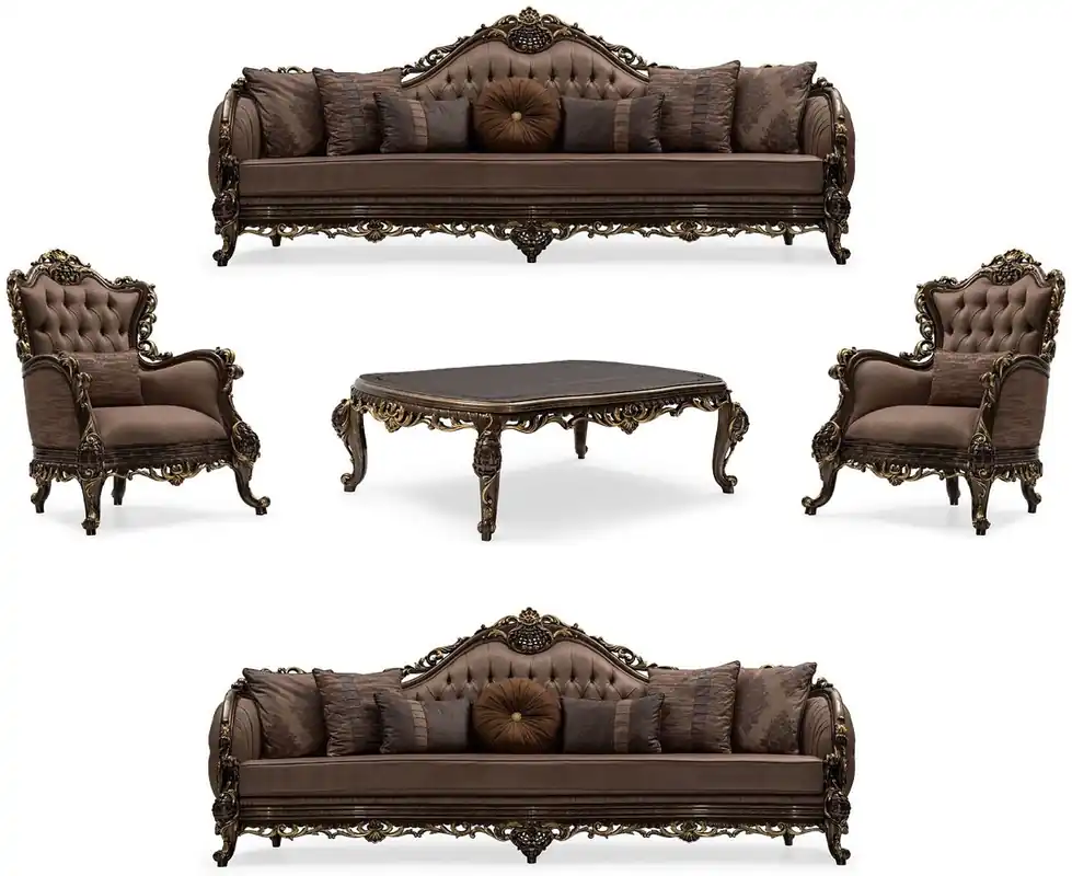 Casa Padrino conjunto de sala de estar barroco de lujo gris / marrón / oro - 2 Sofás Barrocos y 2 Sillones Barrocos y 1 Mesa de Centro Barroco - Muebles de salón barroco - Noble y Magnífico Preisknaller