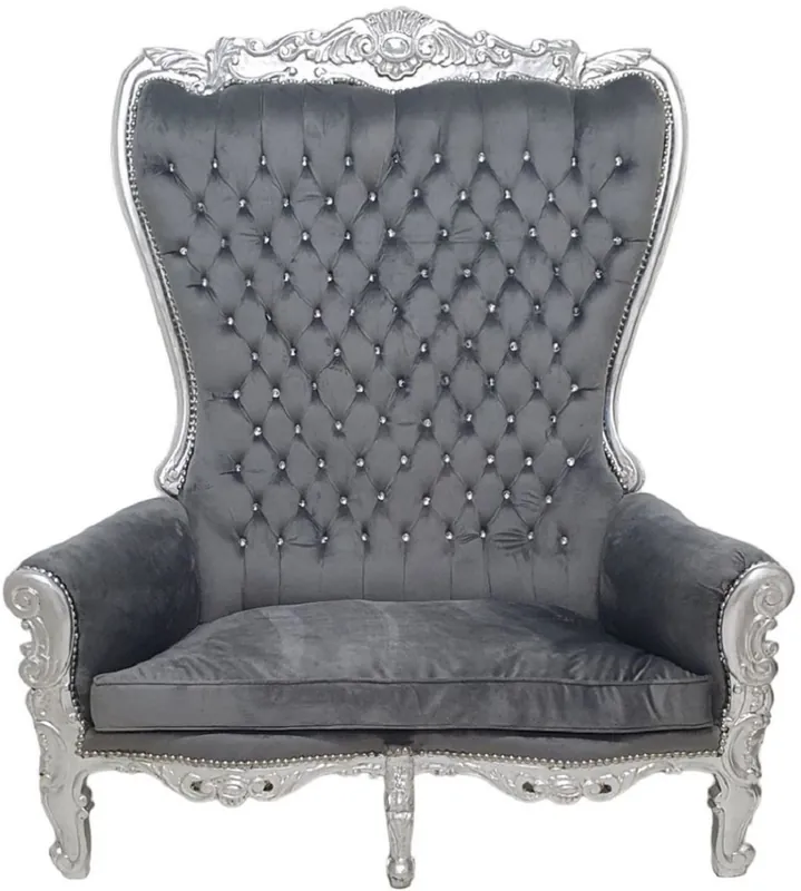 Direkt Vom Hersteller Casa Padrino sofá 2 plazas respaldo alto barroco gris / plata - Magnífico sofá de estilo barroco con pedrería - Muebles de salón estilo barroco - Muebles barrocos