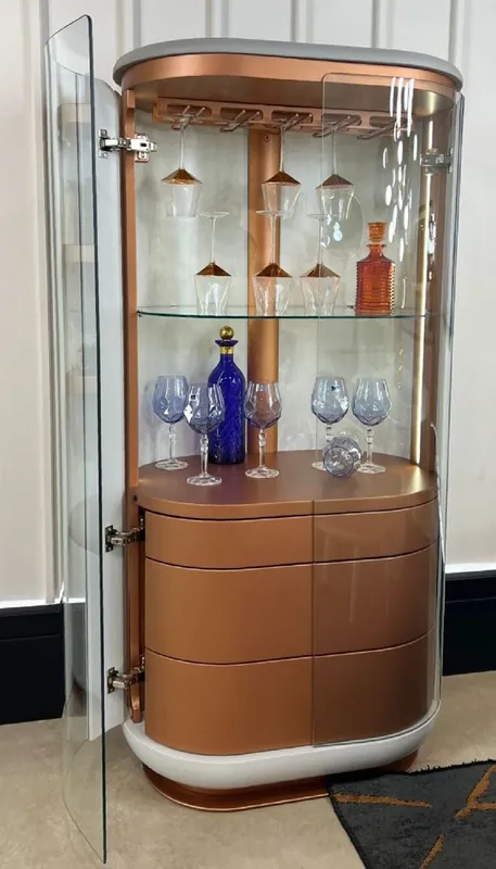 Markenprodukt Casa Padrino armario bar de lujo blanco / gris / cobre 80 x 50 x A. 165 cm - Armario del vino iluminada de madera maciza con 2 puertas - Armario de salón - Armario de bar - Muebles de Hotel