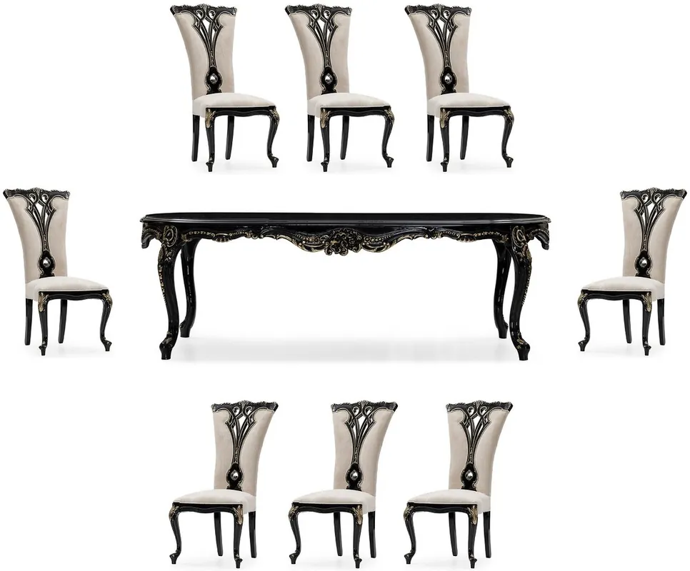 Günstig Casa Padrino conjunto de comedor barroco de lujo crema / negro / oro - 1 Mesa de Comedor Barroco y 8 Sillas de Comedor Barrocos - Muebles de comedor de lujo estilo barroco