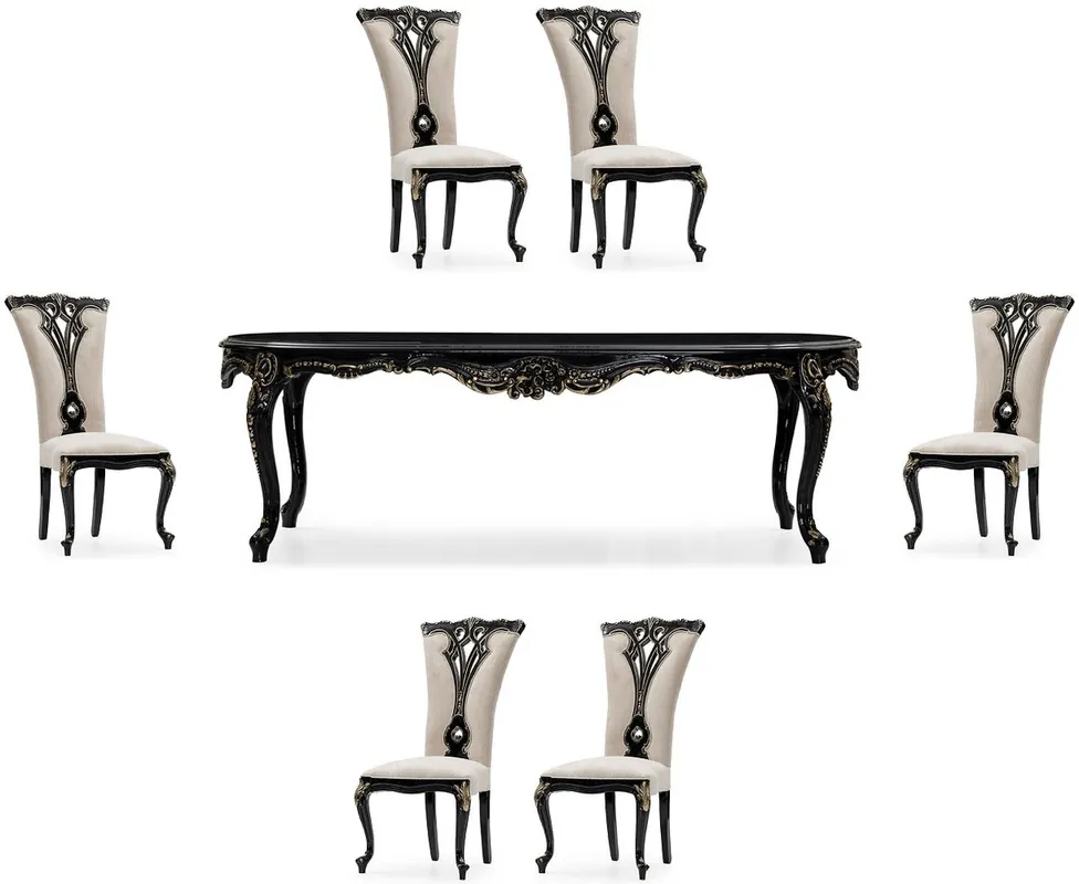 Sonderaktion Casa Padrino conjunto de comedor barroco de lujo crema / negro / oro - 1 Mesa de Comedor Barroco y 6 Sillas de Comedor Barrocos - Muebles de comedor de lujo estilo barroco