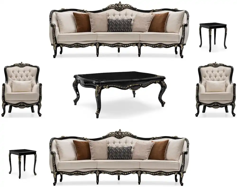 Casa Padrino conjunto de sala de estar barroco de lujo crema / negro / oro - 2 Sofás y 2 Sillones y 1 Mesa de Centro y 2 Mesas Auxiliares - Muebles de salón hechos a mano estilo barroco Rabatt