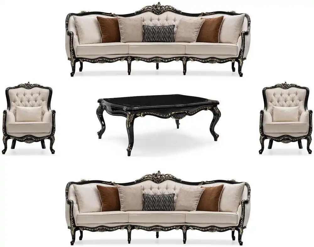 Rabatt Casa Padrino conjunto de sala de estar barroco de lujo crema / negro / oro - 2 Sofás y 2 Sillones y 1 Mesa de Centro - Muebles de salón hechos a mano estilo barroco
