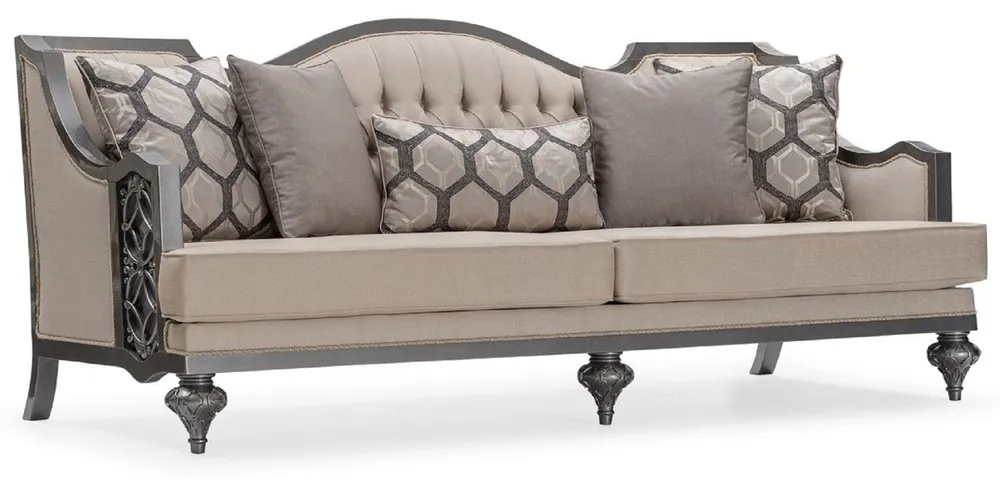 Finale Aktion Casa Padrino sofá de salón barroco de lujo beige / gris - Sofá estilo barroco hecho a mano con cojines decorativos - Muebles de salón de lujo en estilo barroco - Muebles barrocos