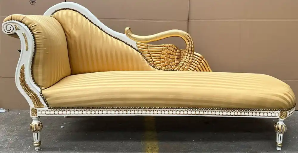 Geprüft Casa Padrino chaise longue barroco lado izquierdo oro / blanco / oro - Recamier de madera maciza hecho a mano con rayas - Muebles de salón barrocos - Noble y Magnífico