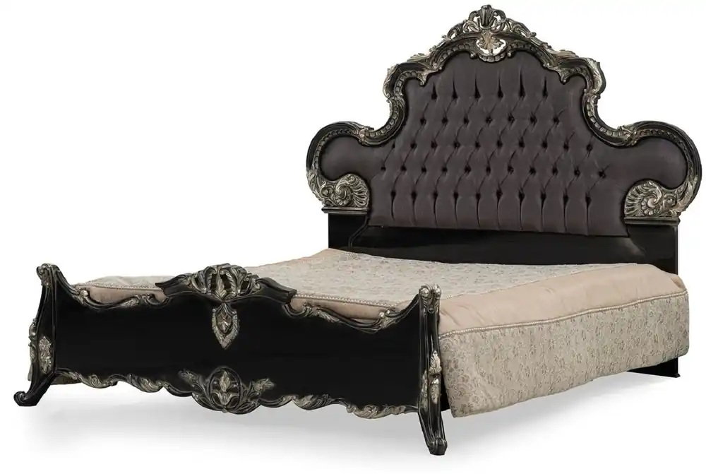 Casa Padrino cama de matrimonio barroco de lujo gris antracita / negro / plata - Magnífica cama de madera maciza - Muebles de dormitorio de lujo en estilo barroco - Muebles de dormitorio barrocos Zertifiziert