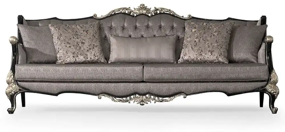 Angebot Casa Padrino sofá de salón barroco de lujo plata / negro / plata - Magnífico sofá estilo barroco hecho a mano con cojines decorativos - Muebles de salón de lujo en estilo barroco - Muebles barrocos
