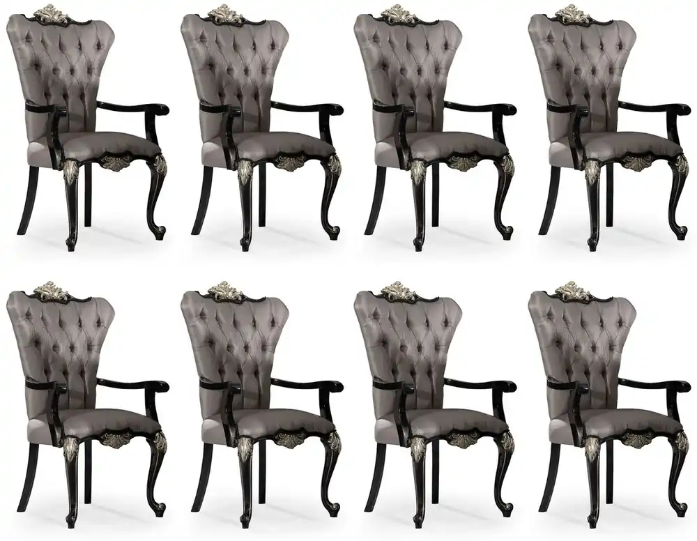 Casa Padrino conjunto de 8 sillas de comedor barrocos de lujo con reposabrazos plata / negro / plata - Magníficas sillas de cocina de estilo barroco - Muebles de comedor barrocos de lujo Preisreduziert