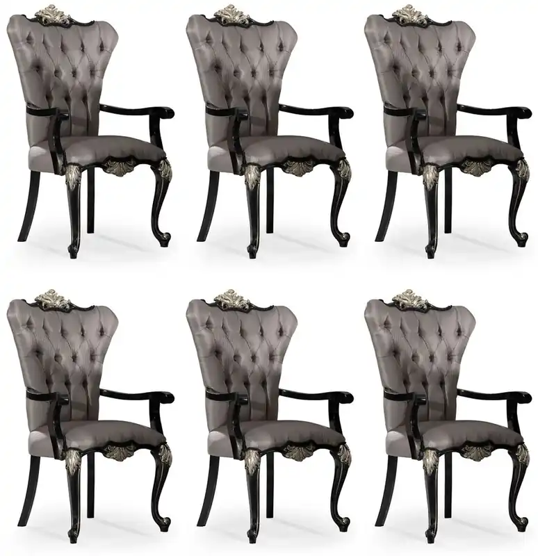 Casa Padrino conjunto de 6 sillas de comedor barrocos de lujo con reposabrazos plata / negro / plata - Magníficas sillas de cocina de estilo barroco - Muebles de comedor barrocos de lujo Sichere Zahlung