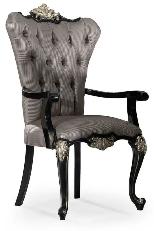Markenprodukt Casa Padrino silla de comedor barroco de lujo con reposabrazos plata / negro / plata - Magnífica silla de cocina de estilo barroco - Muebles de comedor de lujo estilo barroco - Muebles barrocos