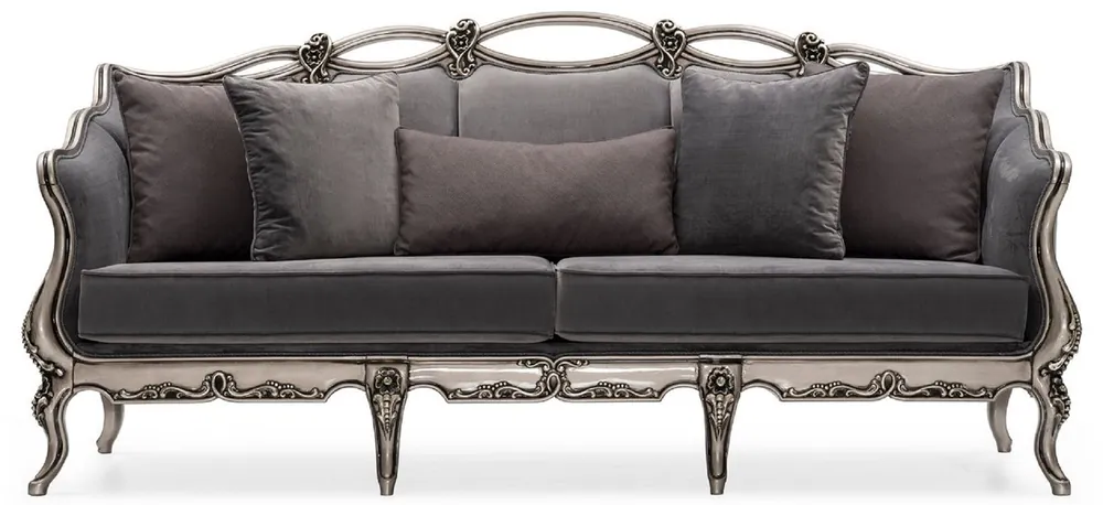 Saisonangebot Casa Padrino sofá de salón barroco de lujo gris / plata - Sofá barroco hecho a mano con cojines decorativos - Muebles de salón de lujo en estilo barroco - Muebles barrocos - Noble y Magnífico
