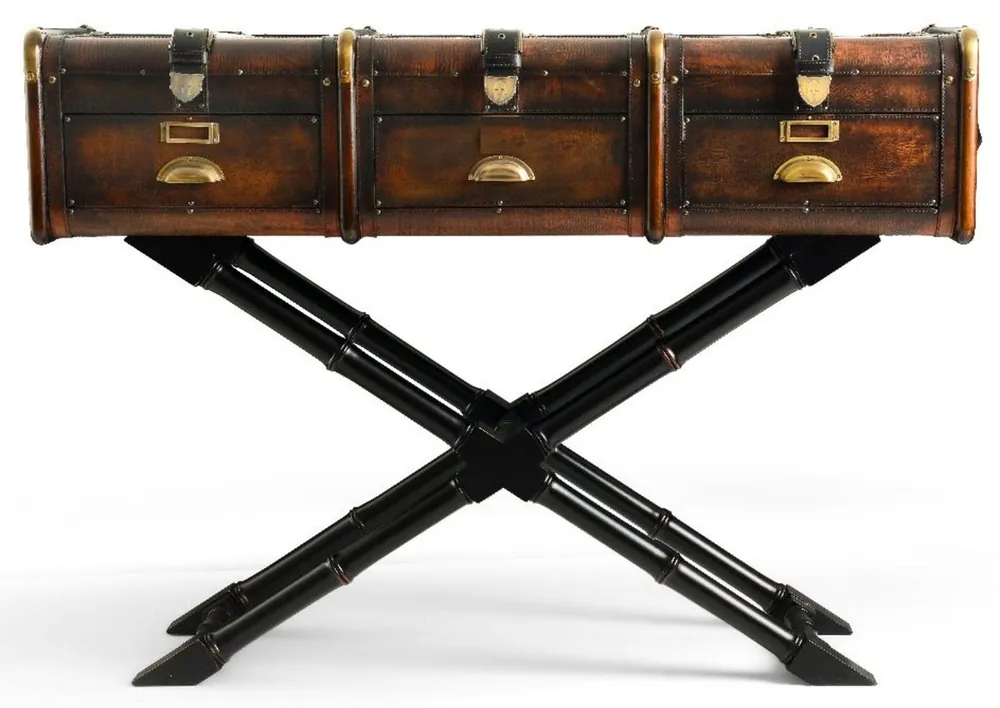 Casa Padrino consola de lujo en óptica de maleta marrón / negro / latón 120 x 39 x A. 83 cm - Mesa consola con 3 cajones - Muebles de dormitorio - Muebles de lujo en óptica de maleta Letzte Chance