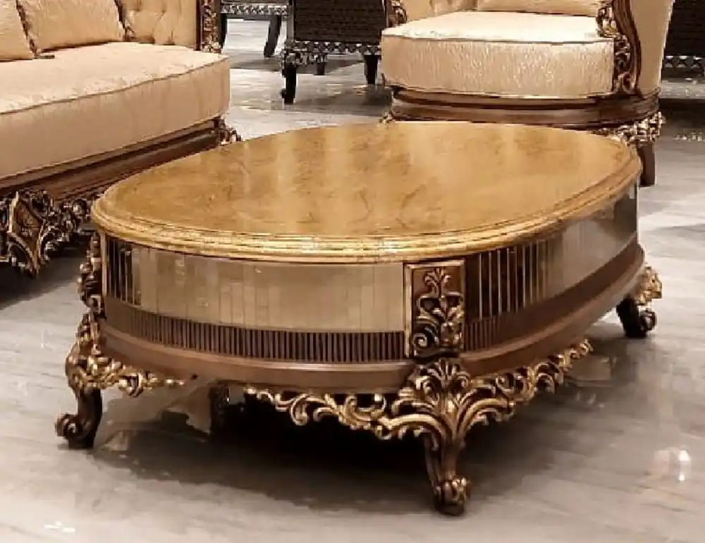 Schneller Versand Casa Padrino mesa de centro barroco de lujo oro antiguo / marrón / oro - Mesa de salón ovalada de madera maciza de estilo barroco - Muebles de salón en estilo barroco - Muebles barrocos
