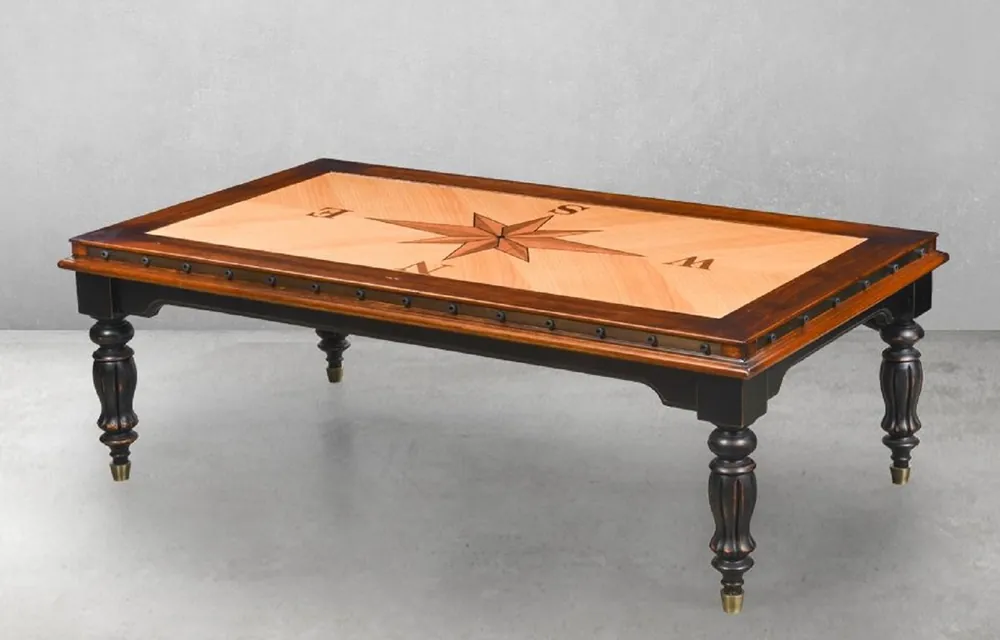 Direktkauf Casa Padrino mesa de centro de estilo vintage de lujo natural / marrón / negro 137 x 77 x A. 45 cm - Mesa de salón rectangular de madera maciza - Muebles de salón estilo vintage - Muebles de lujo