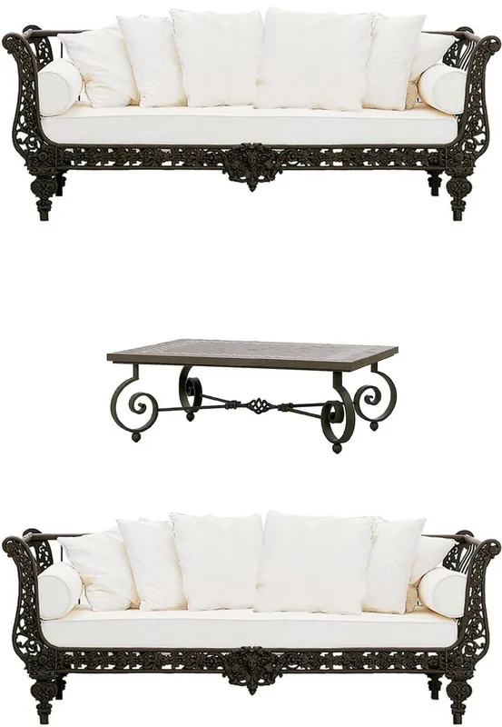 Casa Padrino Conjunto de Muebles de Hierro Forjado Barroco de Lujo Marrón Oscuro / Blanco - 2 Sofás & 1 Mesa de Centro - Muebles de Salón - Muebles Jardín - Muebles Barrocos de Lujo Top-Seller