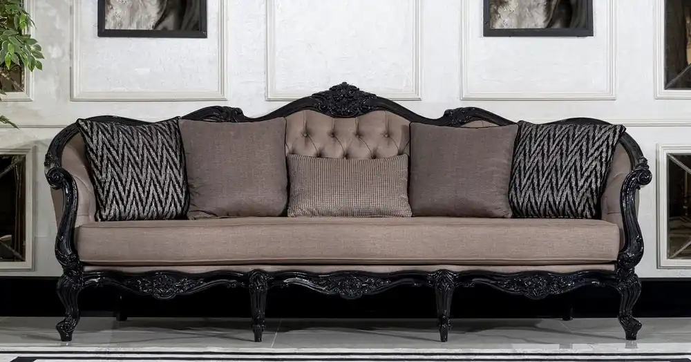 Casa Padrino sofá de salón barroco de lujo gris / negro - Magnífico sofá de estilo barroco con cojines decorativos - Muebles de salón de lujo en estilo barroco - Muebles barrocos Bestseller