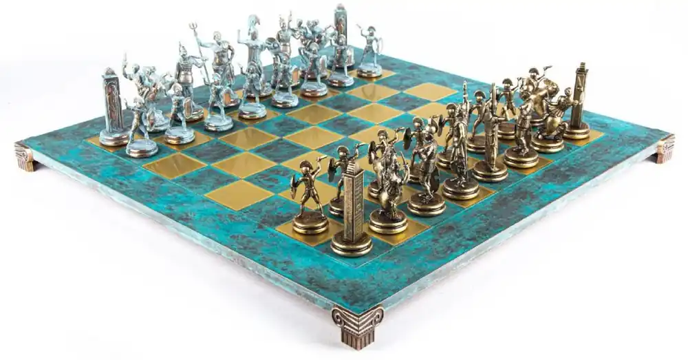 Casa Padrino conjunto de ajedrez de lujo turquesa / latón 54 x 54 cm - Conjunto de ajedrez griego - Tablero de ajedrez de latón con piezas de ajedrez - Accesorios decorativos de lujo Begrenztes Angebot