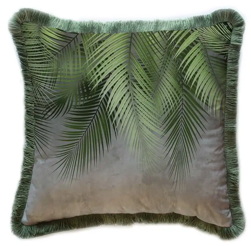 Casa Padrino cojín decorativa de lujo hojas de palma gris / verde 45 x 45 cm - Almohada de terciopelo estampado con flecos - Accesorios decorativos de lujo Beliebt