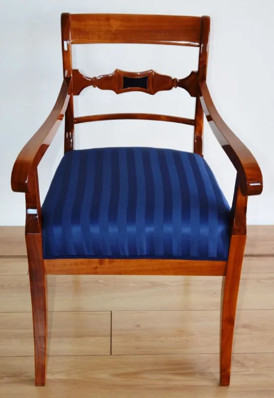 Saisonangebot Casa Padrino silla de comedor Biedermeier de lujo con reposabrazos y rayas marrón / azul 58 x A. 92 cm - Silla de cocina de madera maciza - Muebles madera maciza - Muebles de Comedor Biedermeier