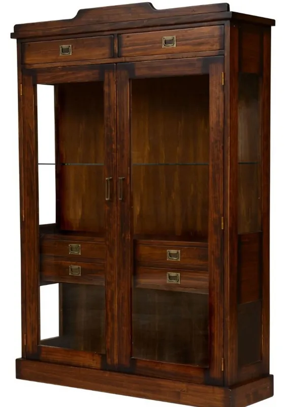 Casa Padrino vitrina de estilo vintage de lujo marrón / latón 120 x 37 x A. 171,5 cm - Vitrina de madera maciza con 2 puertas de vidrio y 6 cajones - Muebles de estilo vintage - Muebles de lujo Meistverkauft