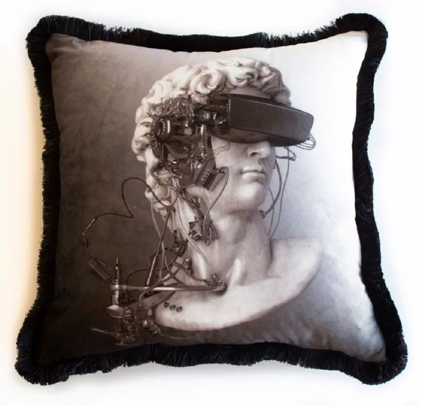 Casa Padrino cojín decorativa de lujo busto cyber barroco gris / blanco / negro 45 x 45 cm - Almohada de terciopelo estampado con flecos - Accesorios decorativos de lujo Jetzt Kaufen