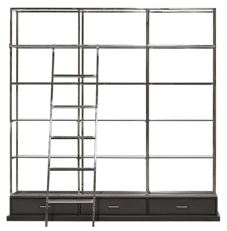 Preiswert Casa Padrino armario estante con escalera plata / negro 220 x 45 x A. 240 cm - Armario de libros - Armario de salón - Mueble de oficina - Muebles de salón - Muebles de oficina de lujo