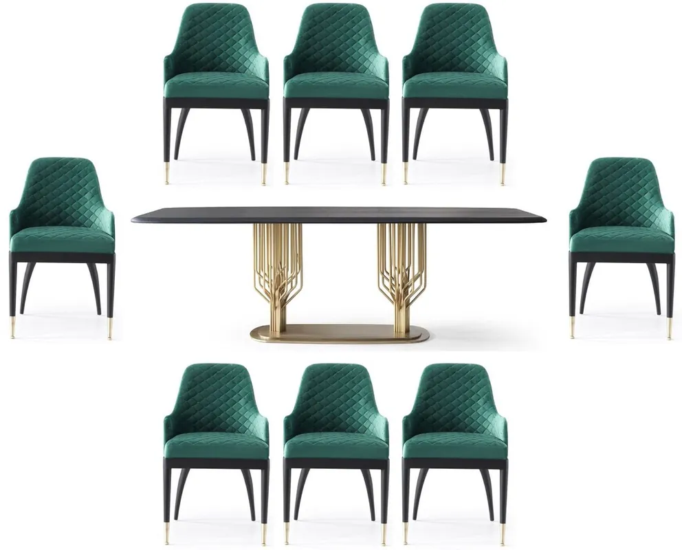 Markenprodukt Casa Padrino Conjunto de Comedor de Lujo Verde / Negro / Latón - 1 Mesa de Comedor de Lujo & 8 Sillas de Comedor de Lujo - Muebles de Comedor - Muebles de Lujo - Colección de Lujo