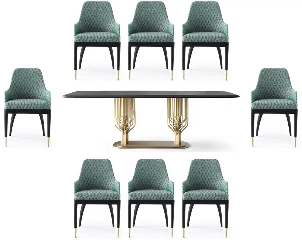 Finale Aktion Casa Padrino Conjunto de Comedor de Lujo Verde Patrón / Negro / Latón - 1 Mesa de Comedor de Lujo & 8 Sillas de Comedor de Lujo - Muebles de Comedor - Muebles de Lujo - Colección de Lujo