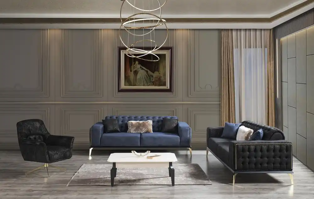 Casa Padrino conjunto de sala de estar Art Deco Chesterfield de lujo negro / azul / blanco - 2 Sofás y 2 Sillones Giratorios y 1 Mesa de Centro - Muebles de salón nobles Beliebt