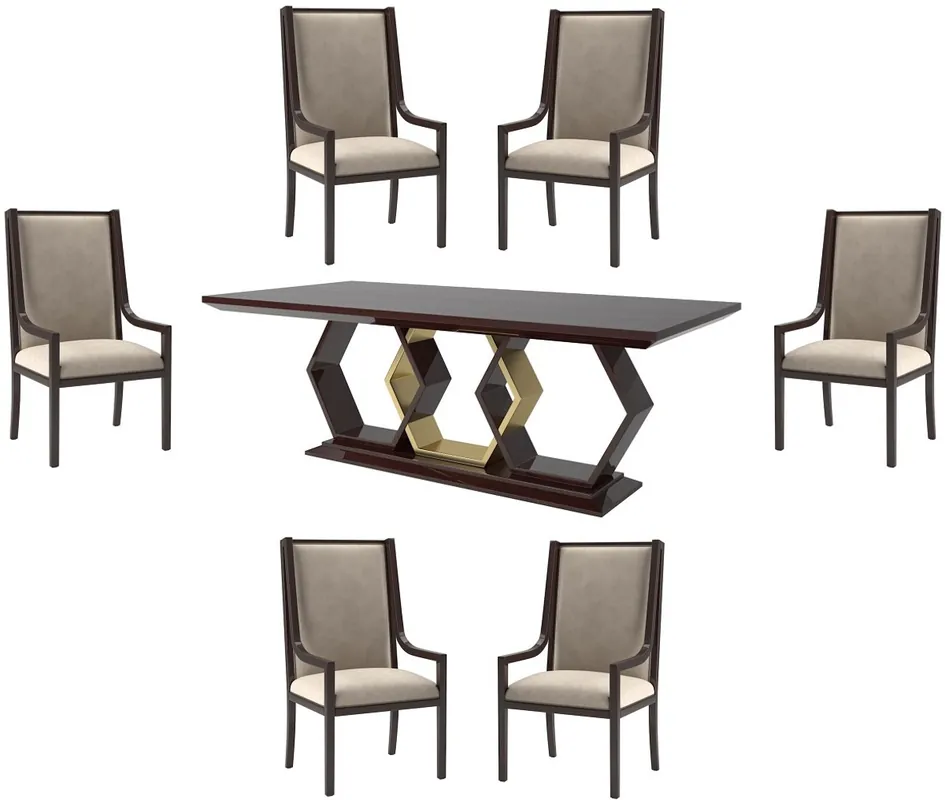 Casa Padrino conjunto de comedor Art Deco de lujo beige / marrón oscuro alto brillo / oro - 1 Mesa de Comedor y 6 Sillas de Comedor - Muebles de Comedor Art Deco - Calidad de Lujo Sale