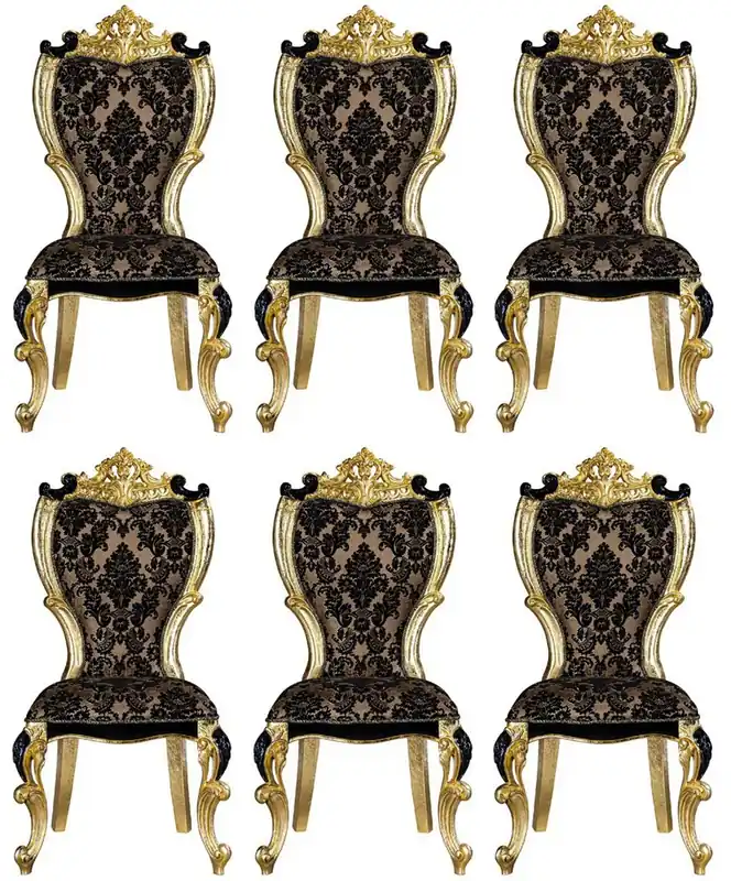 Casa Padrino conjunto de sillas de comedor barroco de lujo con un patrón elegante marrón / negro / oro 60 x 65 x A. 120 cm - Sillas de cocina conjunto de 6 estilo barroco - Muebles de comedor barrocos Letzte Chance