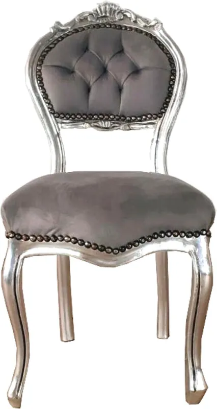 Highlight Casa Padrino silla de damas barroco gris / plata 40 x 44 x A. 83 cm - Silla de tocador hecha a mano con terciopelo noble - Muebles de estilo barroco