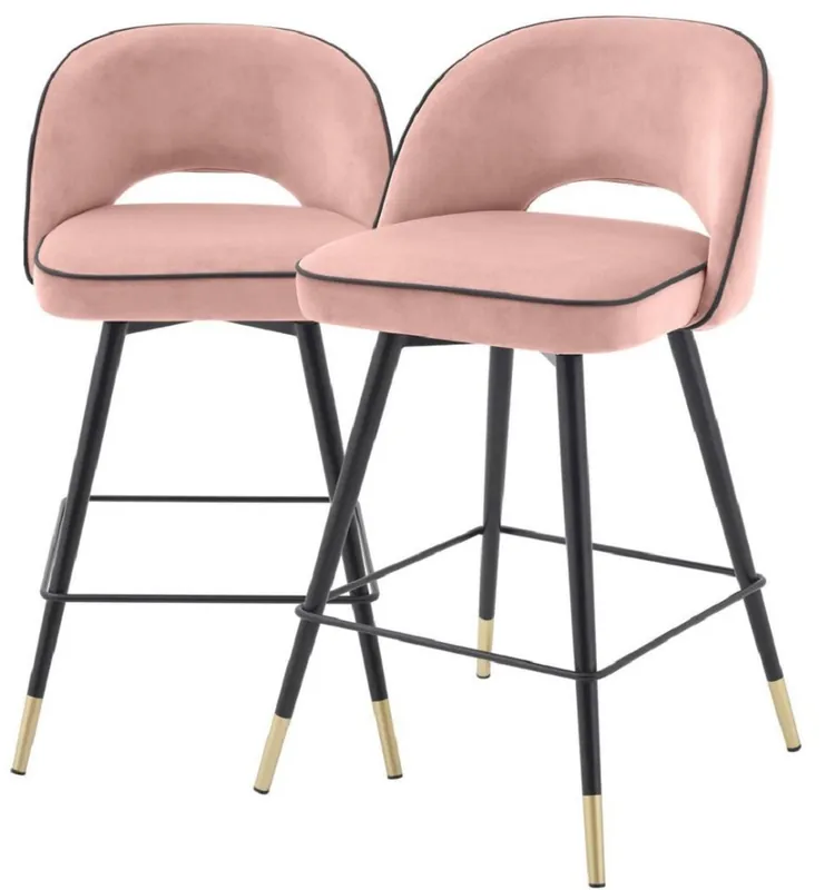 Casa Padrino conjunto de sillas de bar de lujo rosa / negro / latón 51 x 52 x A. 103 cm - Taburetes de bar con asiento giratorio y tela de terciopelo noble - Muebles de Bar de Lujo Neu