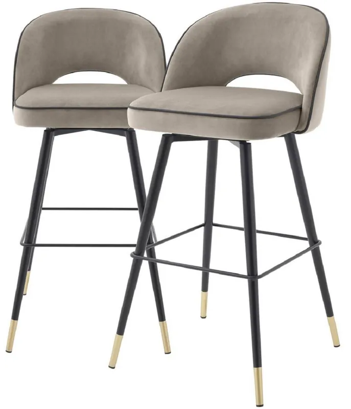 Must-Have Casa Padrino conjunto de sillas de bar de lujo greige / negro / latón 51 x 52 x A. 103 cm - Taburetes de bar con asiento giratorio y tela de terciopelo noble - Muebles de Bar de Lujo